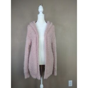 Mudd Womens Blush Pink Eyelash Knit Hooded Open Front Cardigan Sweater Small